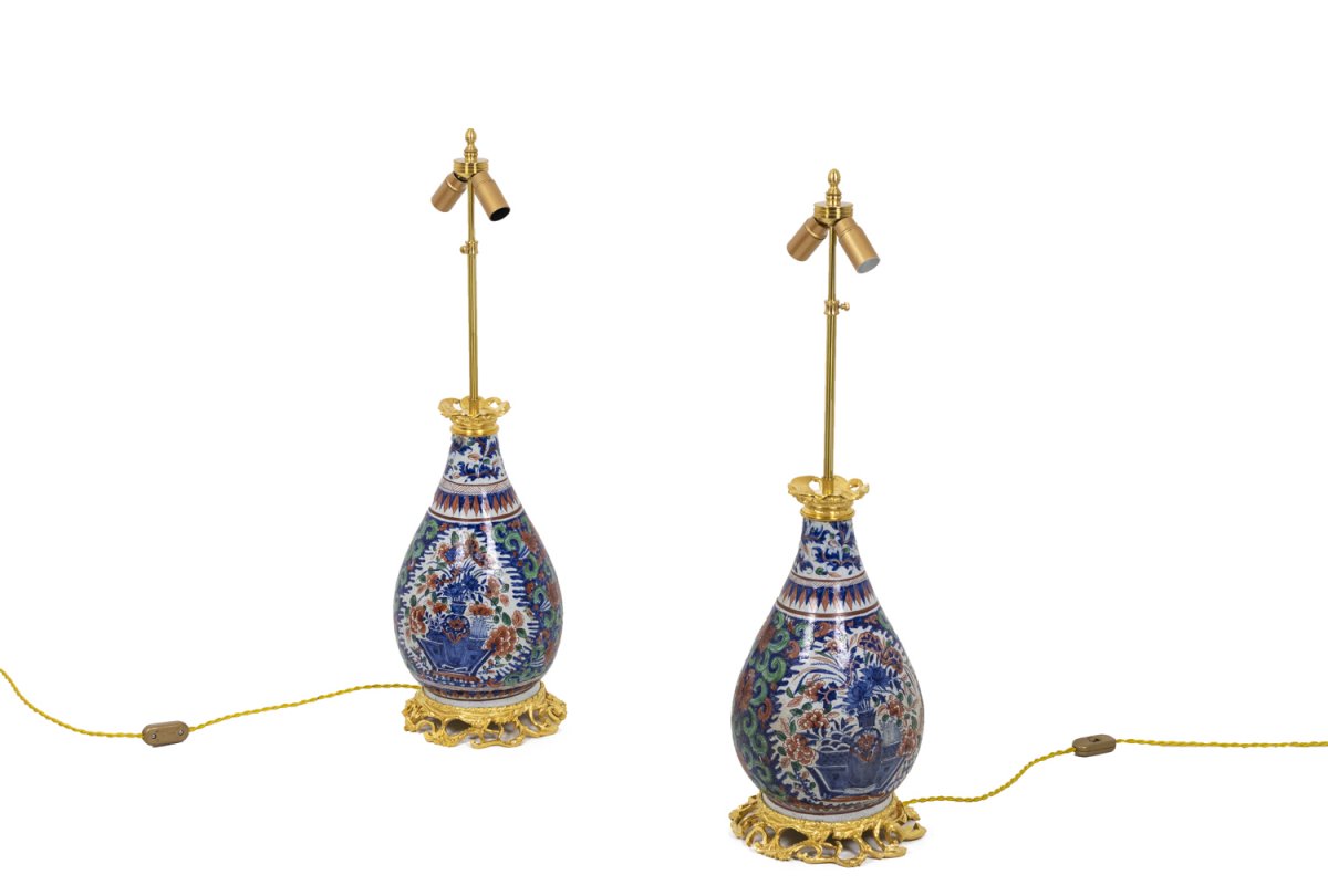 Pair Of Lamps In Delftware And Gilt Bronze, Circa 1880 - Ls4242671-photo-2