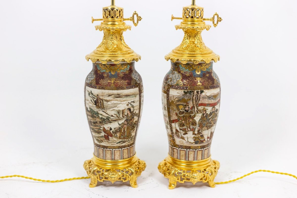 Pair Of Fine Earthenware Lamps From Satsuma, Circa 1880-photo-4