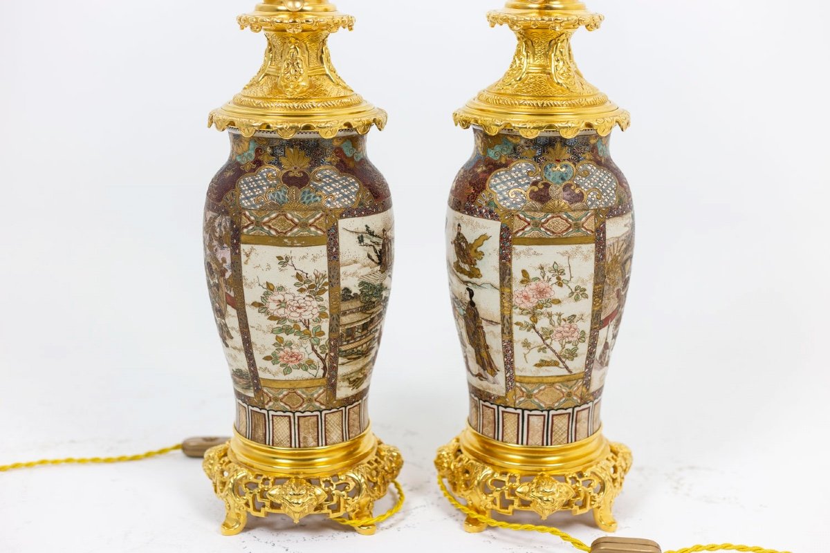 Pair Of Fine Earthenware Lamps From Satsuma, Circa 1880-photo-3