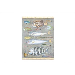 Toile Peinte Représentant Une Planche De Poissons. Travail Contemporain. Ls6026911a