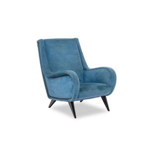 Fauteuil En Velours Bleu, Piètement En Hêtre. Années 1950. Ls4410409a