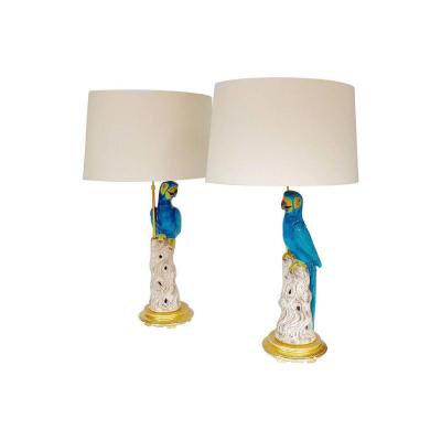 Large Pair Of Faience Parrots Lamps, Circa 1970 - Ls35451021
