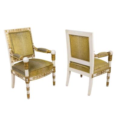 Pair Of Empire Style Armchairs In White And Gold Wood, 1950s - Ls35072251