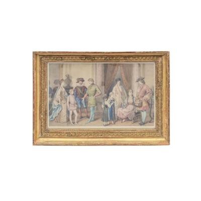 Aquarelle, « Scène De Bal Costumé », Cadre En Bois Doré, Vers 1850 - LS3786221