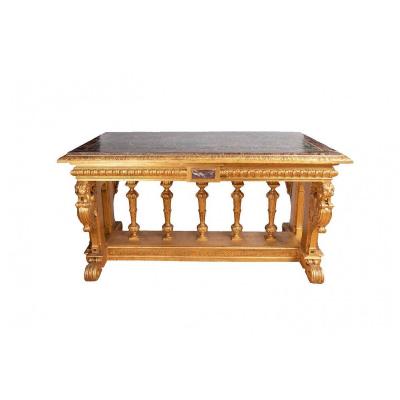 Renaissance Style Table In Giltwood And Marble, 19th Century - Ls26383501