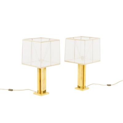 Pair Of Gilt Brass Lamps With A Geometrical Shaft, 1970’s - Ls4058/4059/1151
