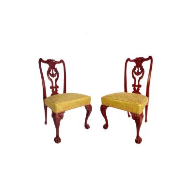 Paire De Chaises Style Chippendale En Bois Laqué Rouge, Vers 1880 - LS3049861
