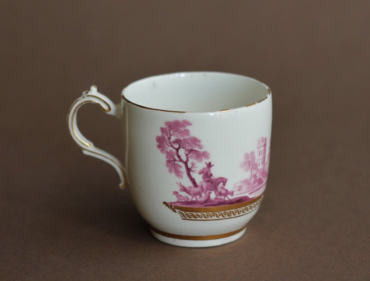 Cup And Saucer In Tournai Porcelain, Decor In Purple Camaieu Landscape. Marked, 18th-photo-2
