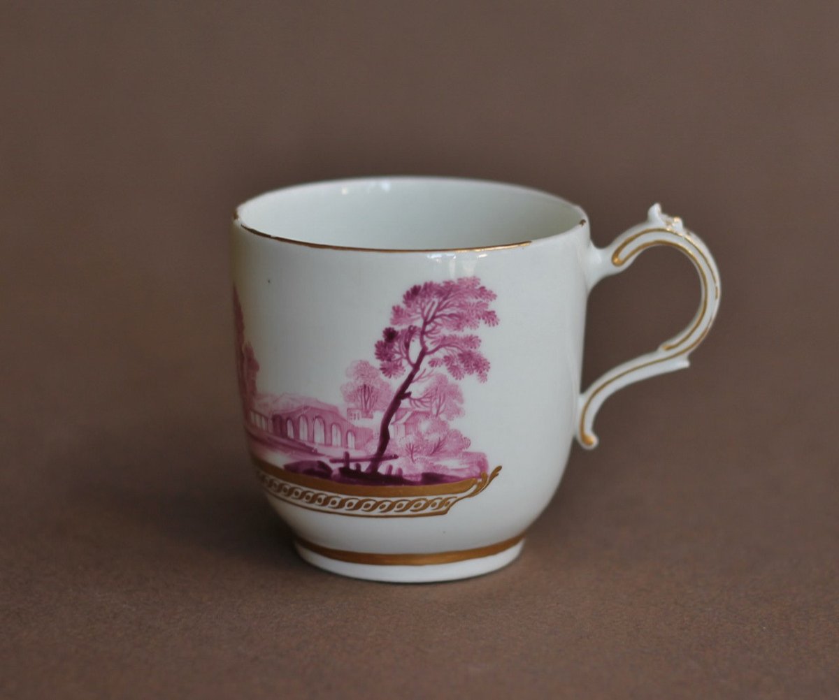 Cup And Saucer In Tournai Porcelain, Decor In Purple Camaieu Landscape. Marked, 18th-photo-3