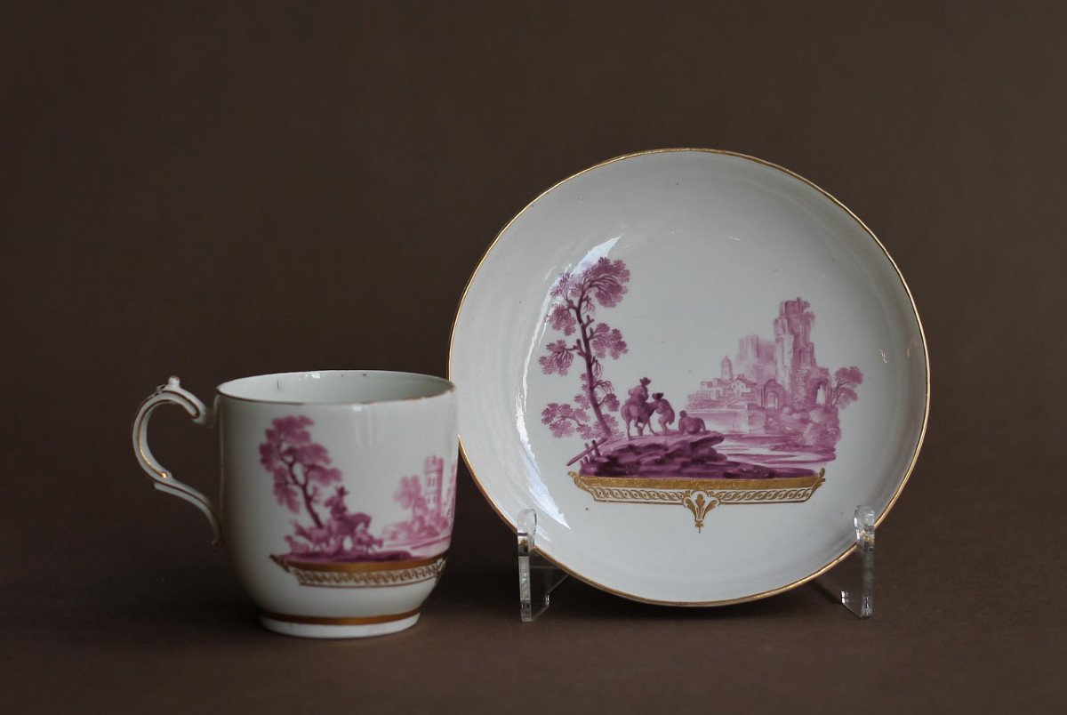 Cup And Saucer In Tournai Porcelain, Decor In Purple Camaieu Landscape. Marked, 18th