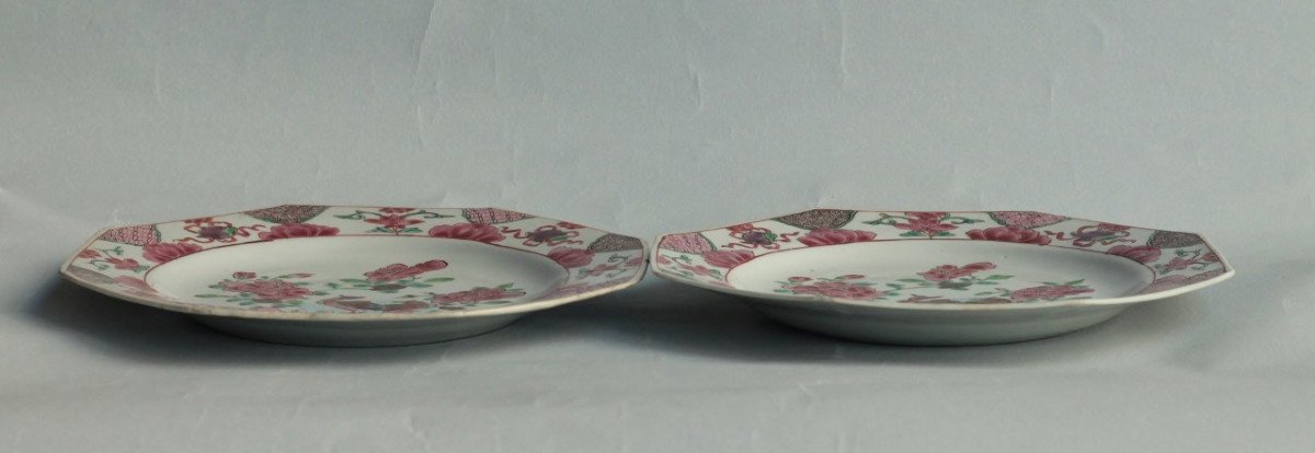 Pair Of Chinese Porcelain Plates With Famille Rose Decor, 18th Century.-photo-2