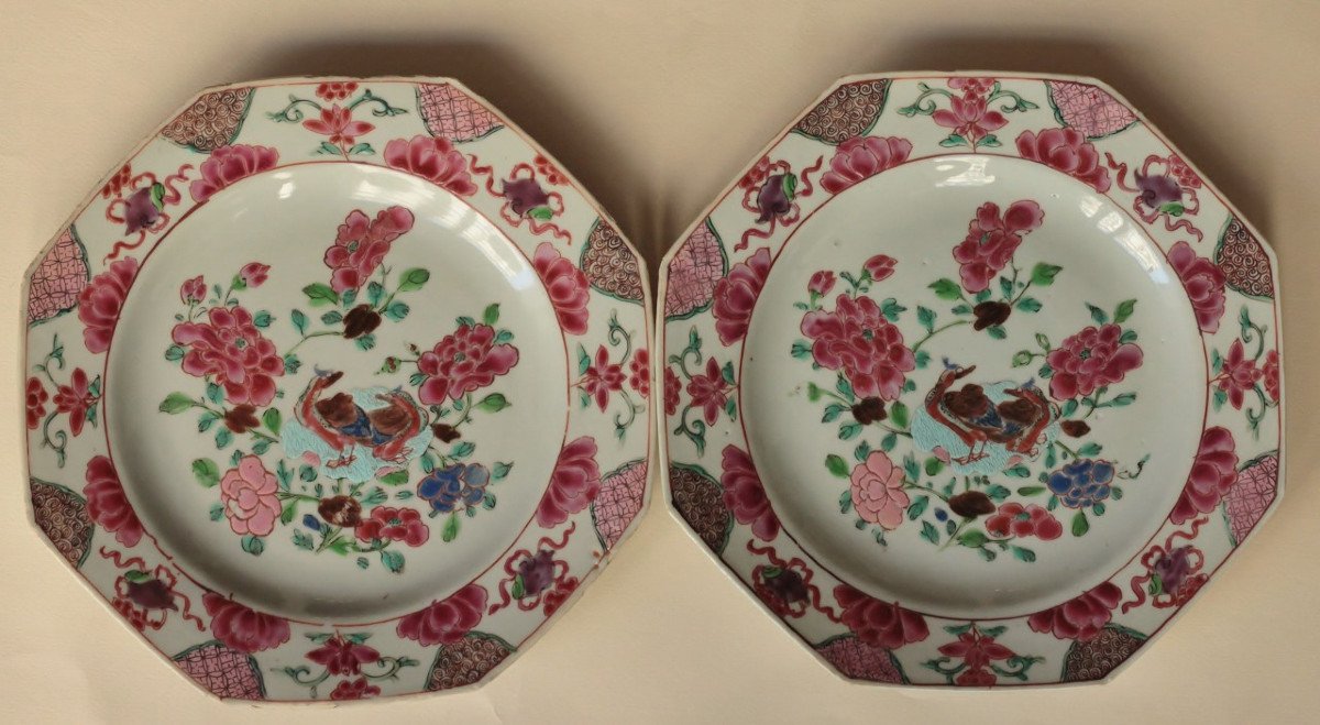 Pair Of Chinese Porcelain Plates With Famille Rose Decor, 18th Century.-photo-4