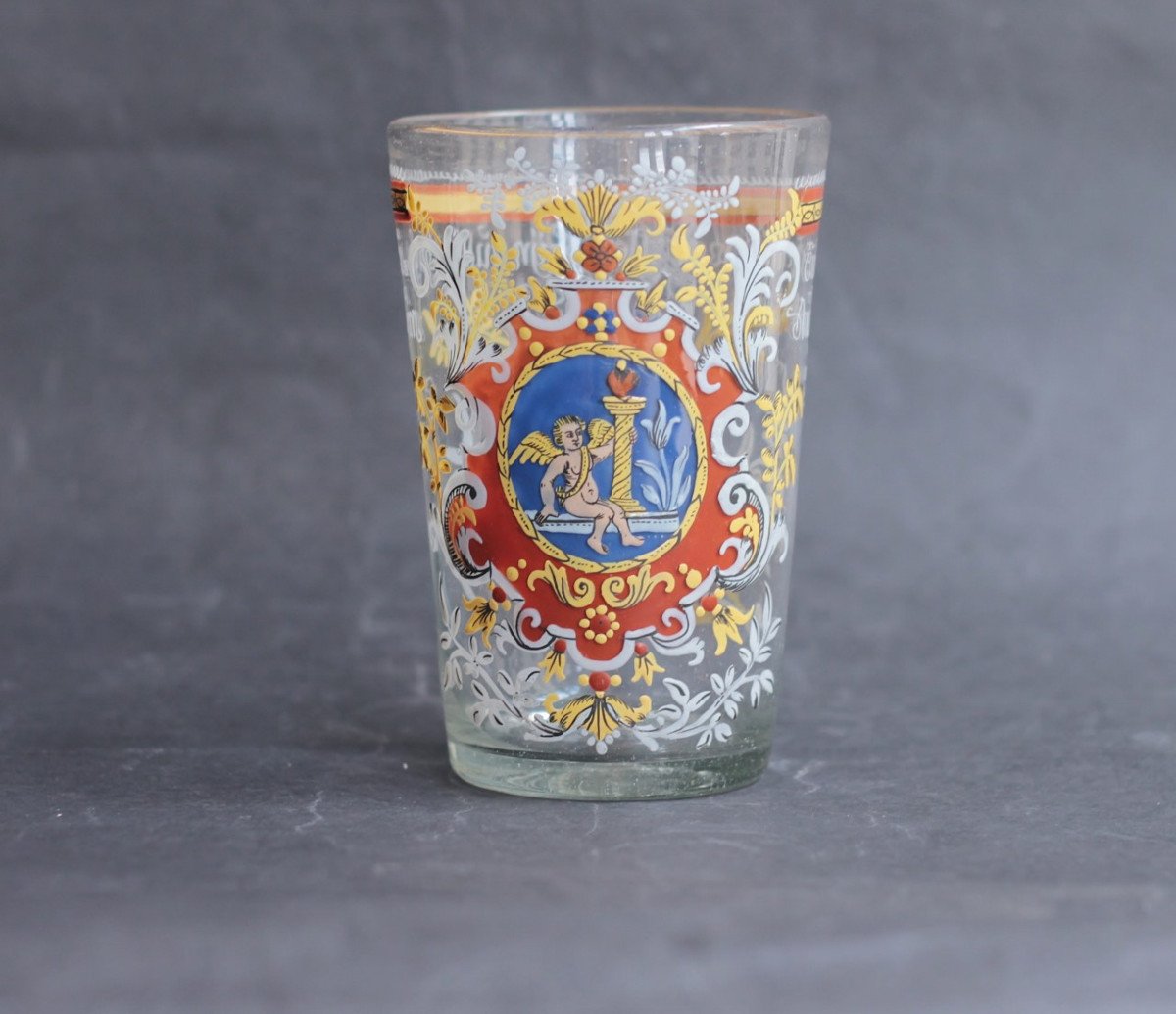 Large Enameled Glass Wedding Goblet, Dated 1762, Bohemia Or Central Germany. 18th Century.