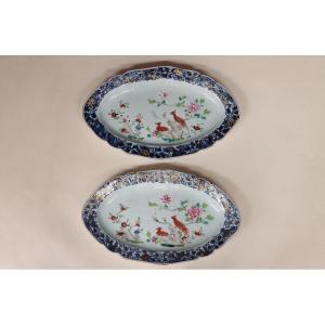 Pair Of Small Oval Dishes In Chinese Porcelain, Peacock Decor. 18th Century.