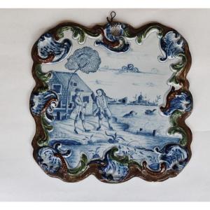 Square Delft Earthenware Plate, Duck Hunting Scene. Eighteenth Century.