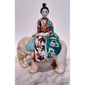 Japanese Porcelain Box, Young Woman Sitting On An Elephant.19th Century
