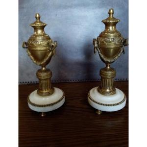 Pair Of Cassolettes Forming Candlesticks In Gilt Bronze