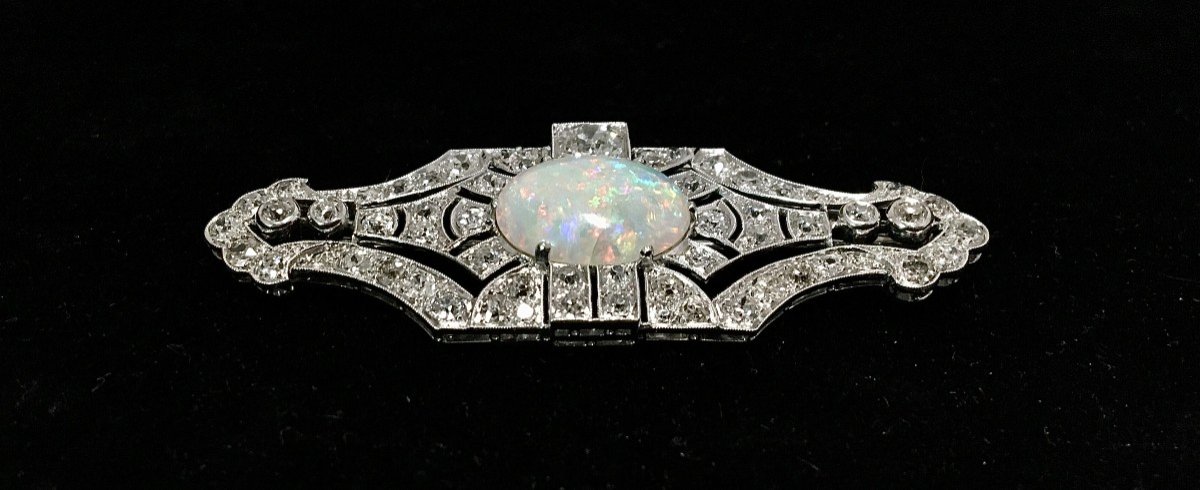 Broche Plaque Art Déco Opale Cabochon Diamants Sur Platine -photo-3