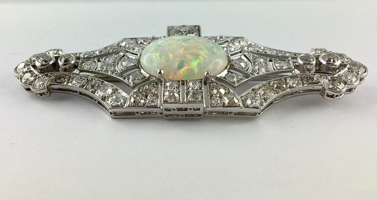 Art Deco Plate Brooch Opal Cabochon Diamonds On Platinum-photo-4