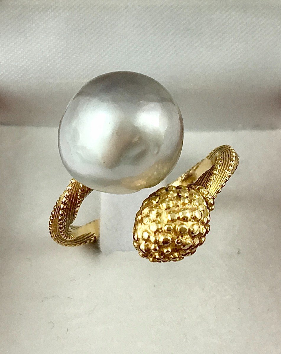 Ring Toi Et Moi South Sea Pearl On Granulated Yellow Gold-photo-2