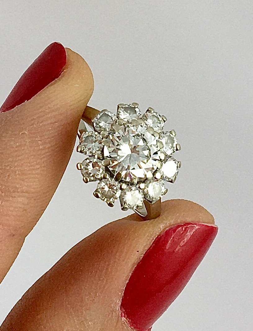 Bague Marguerite Diamants Taille Brillant, Centre 1,36 Ct Certifié Sur Or Blanc-photo-2