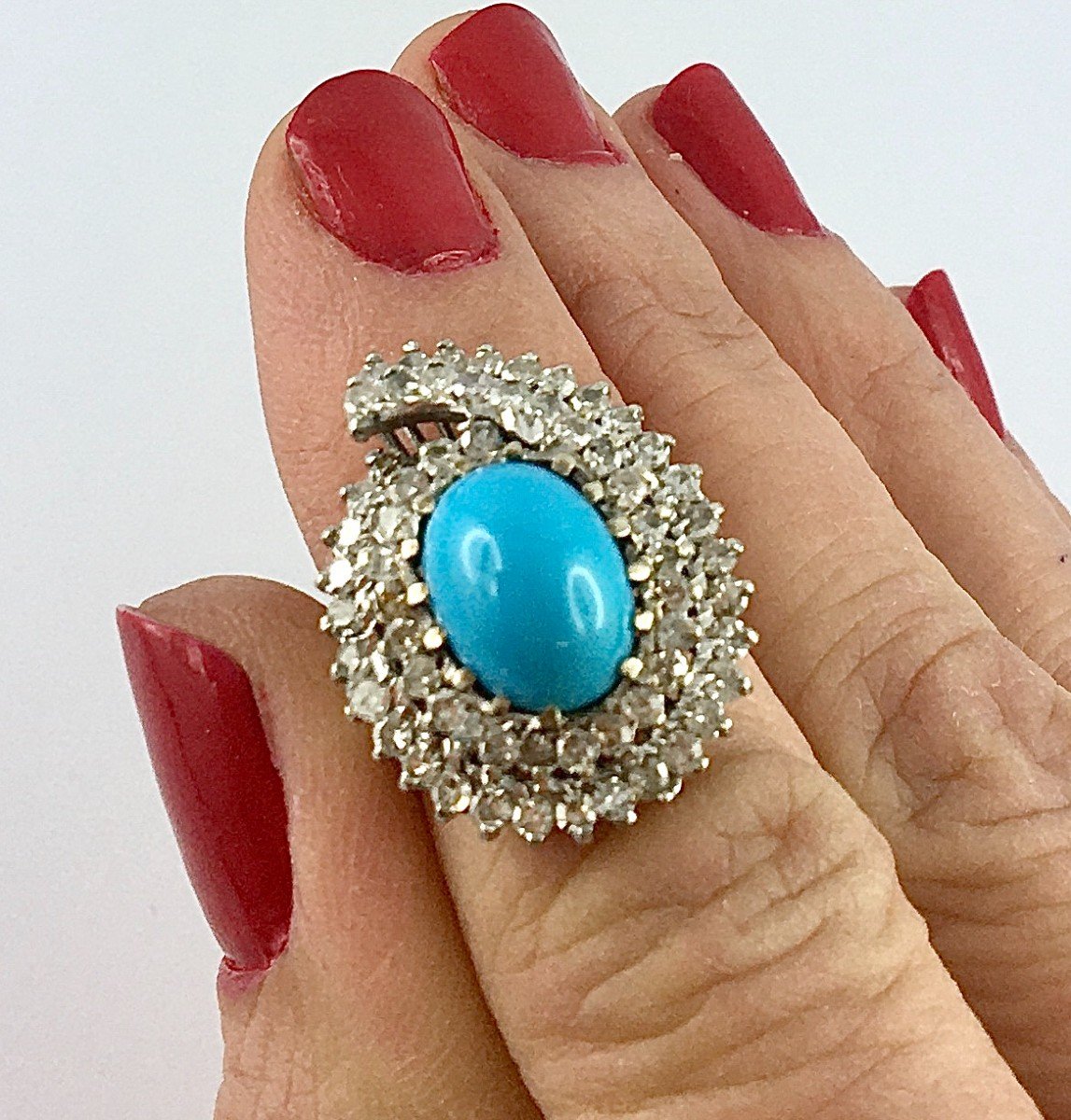 Bague Forme Poire  Cabochon De Turquoise Double Entourage Diamants Sur Or Blanc-photo-8