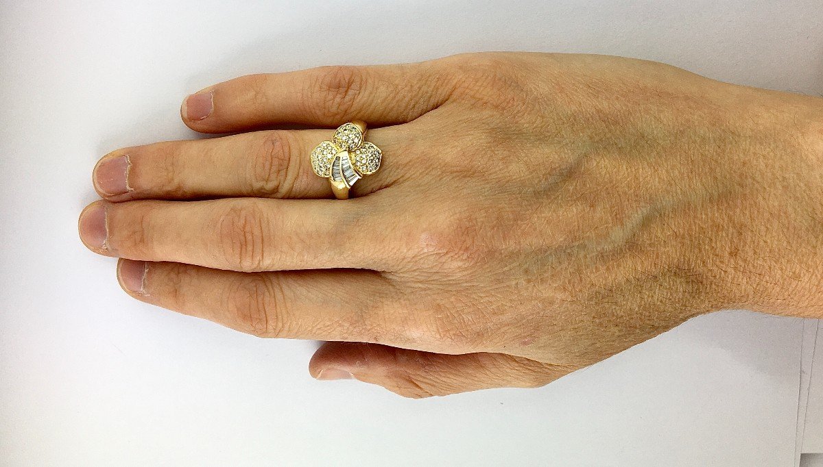 Plant Motif Ring With Brilliant Cut Diamonds And Baguettes In Yellow Gold-photo-8