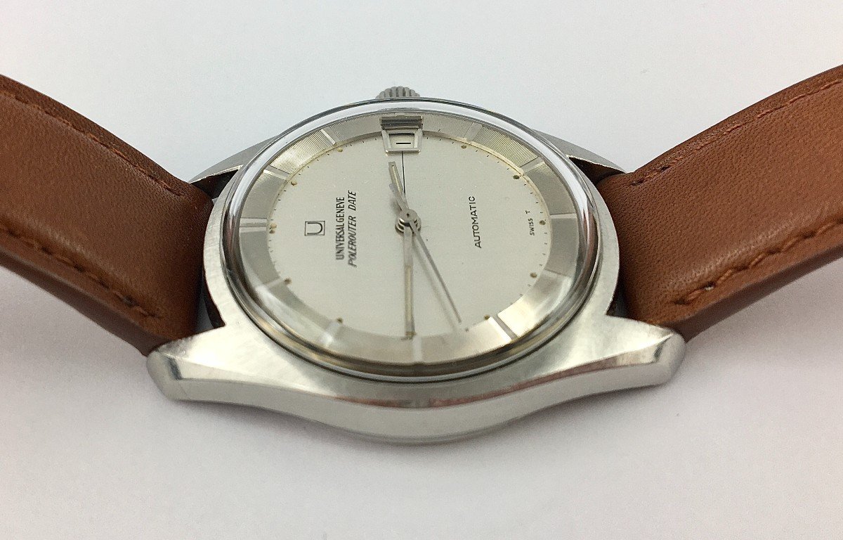 Montre Universal Polerouter Date Micro Rotor Automatique 1960 Acier Sur Cuir-photo-2