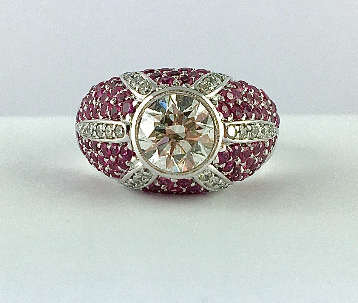 Diamond Dome Ring, Paving Pink Sapphires, Diamond Star On White Gold-photo-2