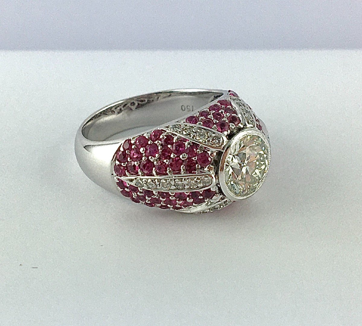 Diamond Dome Ring, Paving Pink Sapphires, Diamond Star On White Gold-photo-4