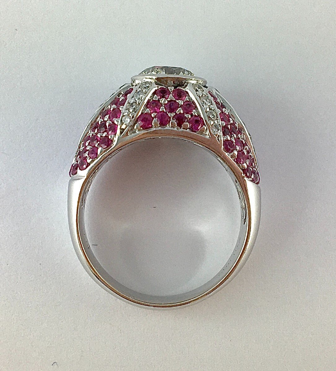 Diamond Dome Ring, Paving Pink Sapphires, Diamond Star On White Gold-photo-2