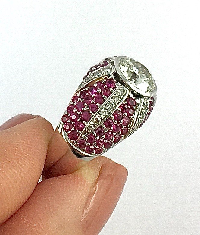 Diamond Dome Ring, Paving Pink Sapphires, Diamond Star On White Gold-photo-6