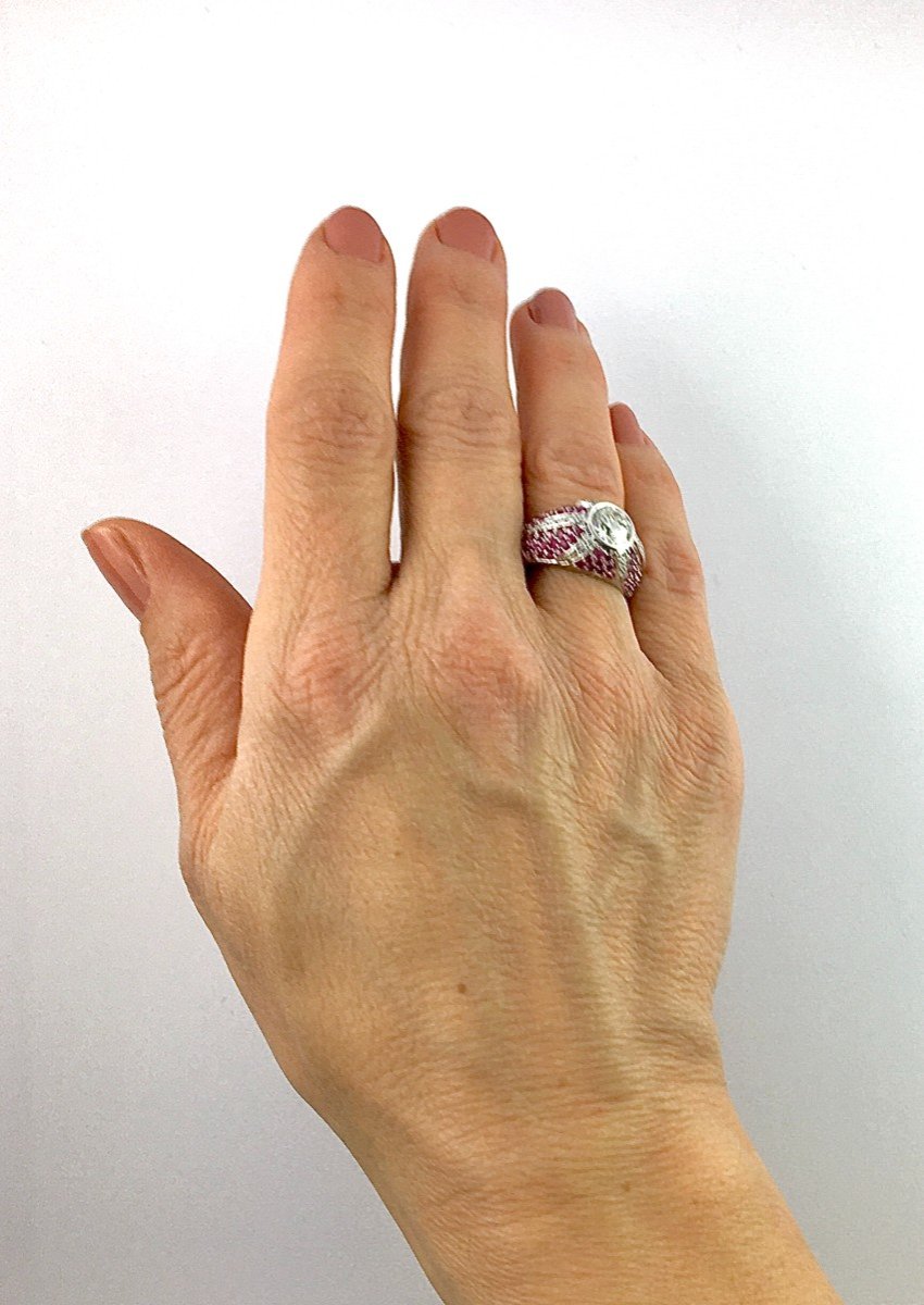 Diamond Dome Ring, Paving Pink Sapphires, Diamond Star On White Gold-photo-8