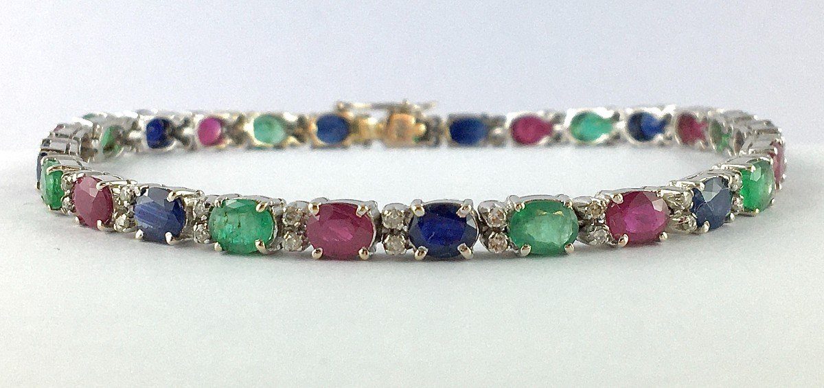 Ruby Sapphires Emeralds And Diamonds Line Bracelet On White Gold-photo-2