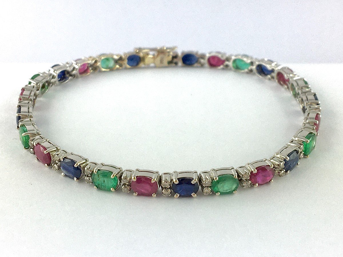 Ruby Sapphires Emeralds And Diamonds Line Bracelet On White Gold-photo-1