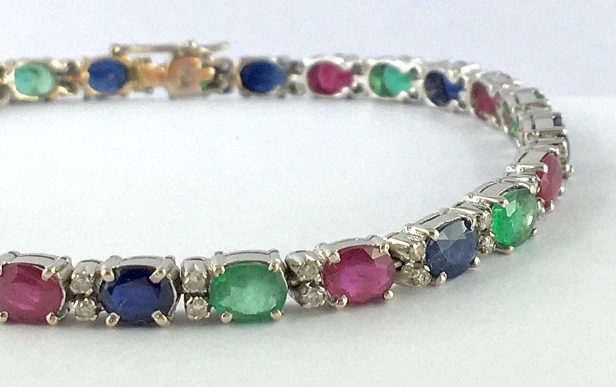 Ruby Sapphires Emeralds And Diamonds Line Bracelet On White Gold-photo-4