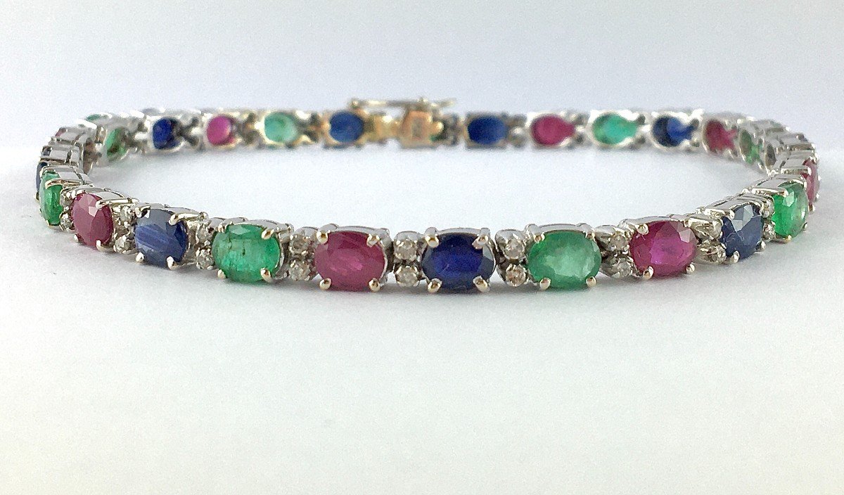 Ruby Sapphires Emeralds And Diamonds Line Bracelet On White Gold