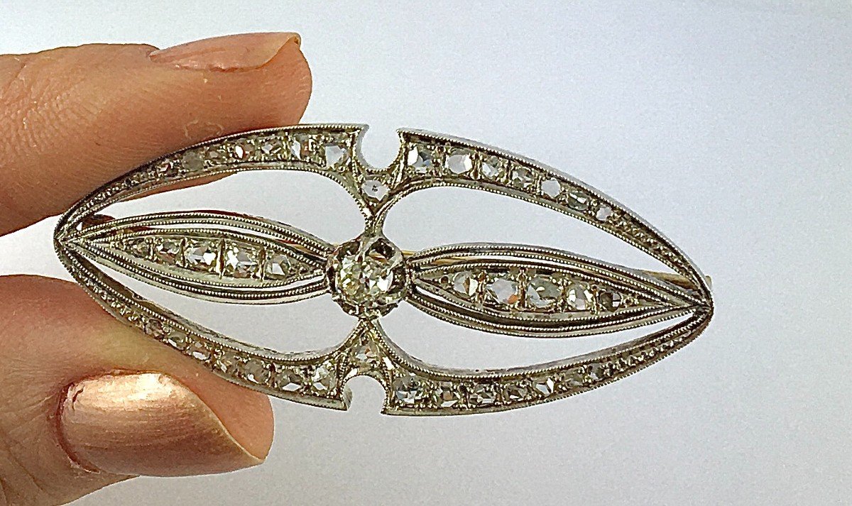 1920s Art Deco Brooch Navette Shape Old Cut Diamonds And Rose On Yellow Gold & Silver-photo-3