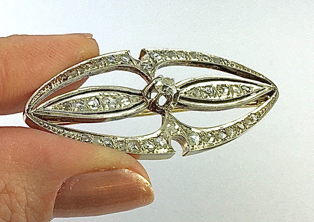 1920s Art Deco Brooch Navette Shape Old Cut Diamonds And Rose On Yellow Gold & Silver-photo-4