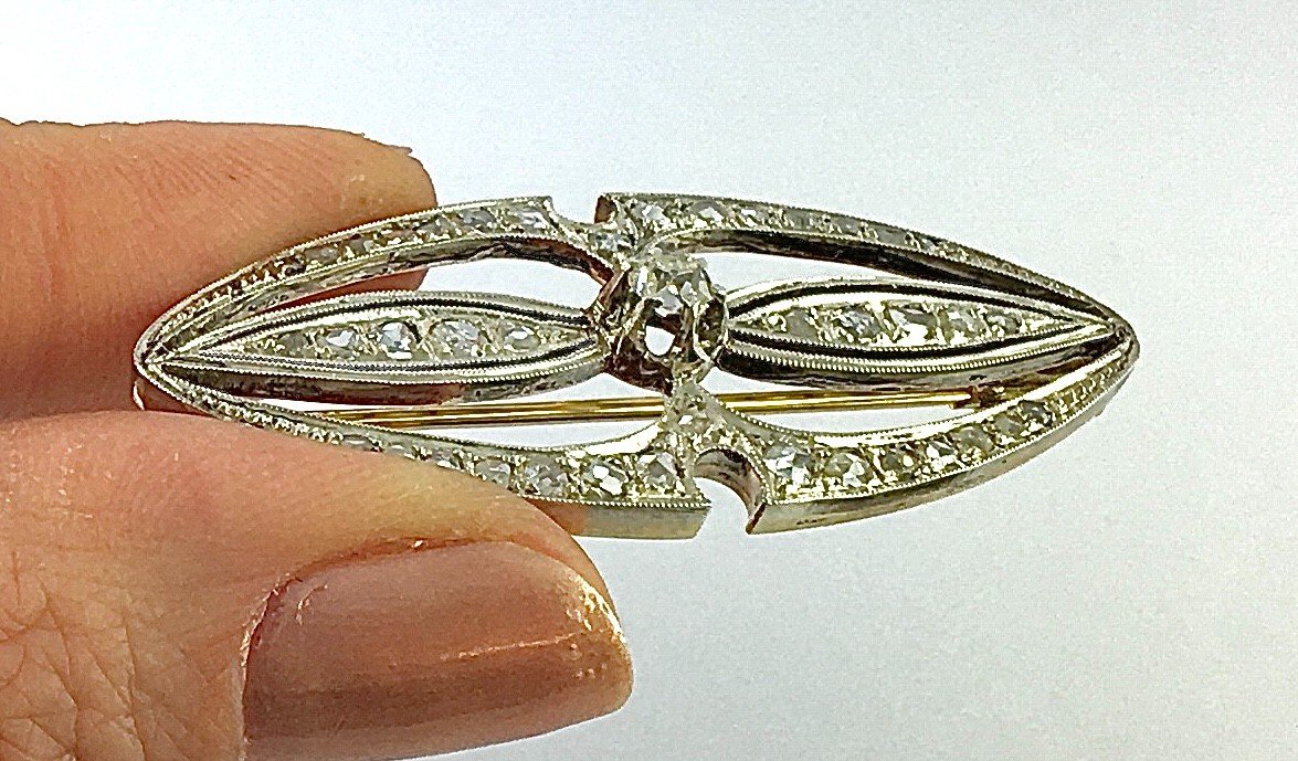 1920s Art Deco Brooch Navette Shape Old Cut Diamonds And Rose On Yellow Gold & Silver-photo-5