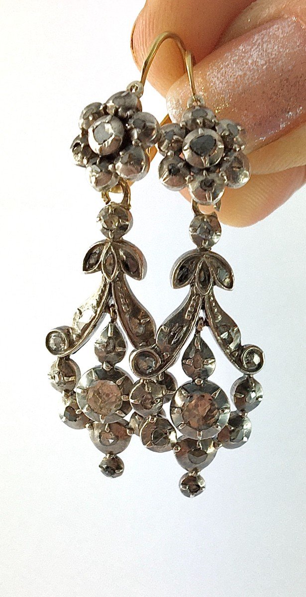 Boucles d'Oreilles Pendants Diamants Rose Sur Or Jaune Et Argent Napoléon III (napoléon 3)-photo-1