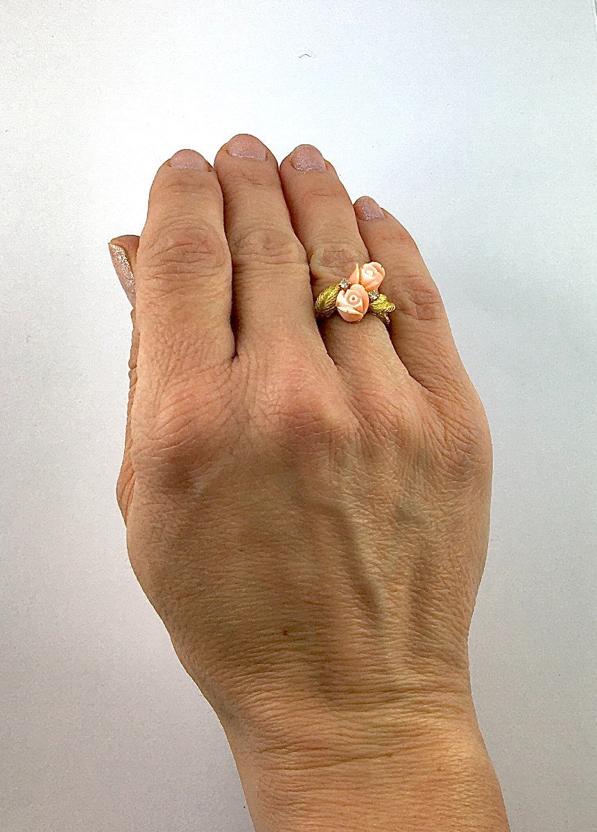 Bague Toi Et Moi de Roses de Corail, Diamants Sur Or Jaune-photo-7