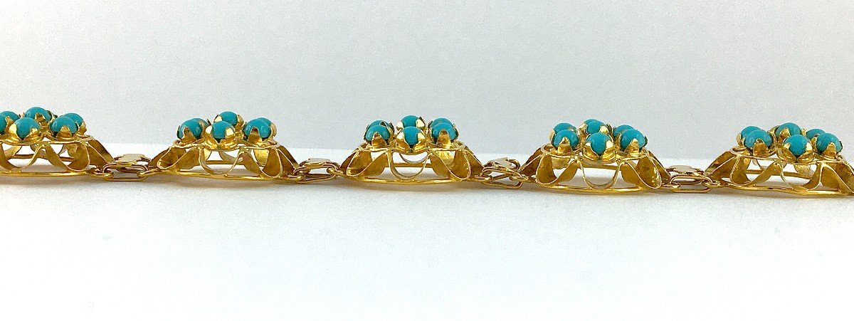 Bracelet Manchette Souple De Collerettes  Avec Turquoises Cabochons Sur Or Jaune-photo-2