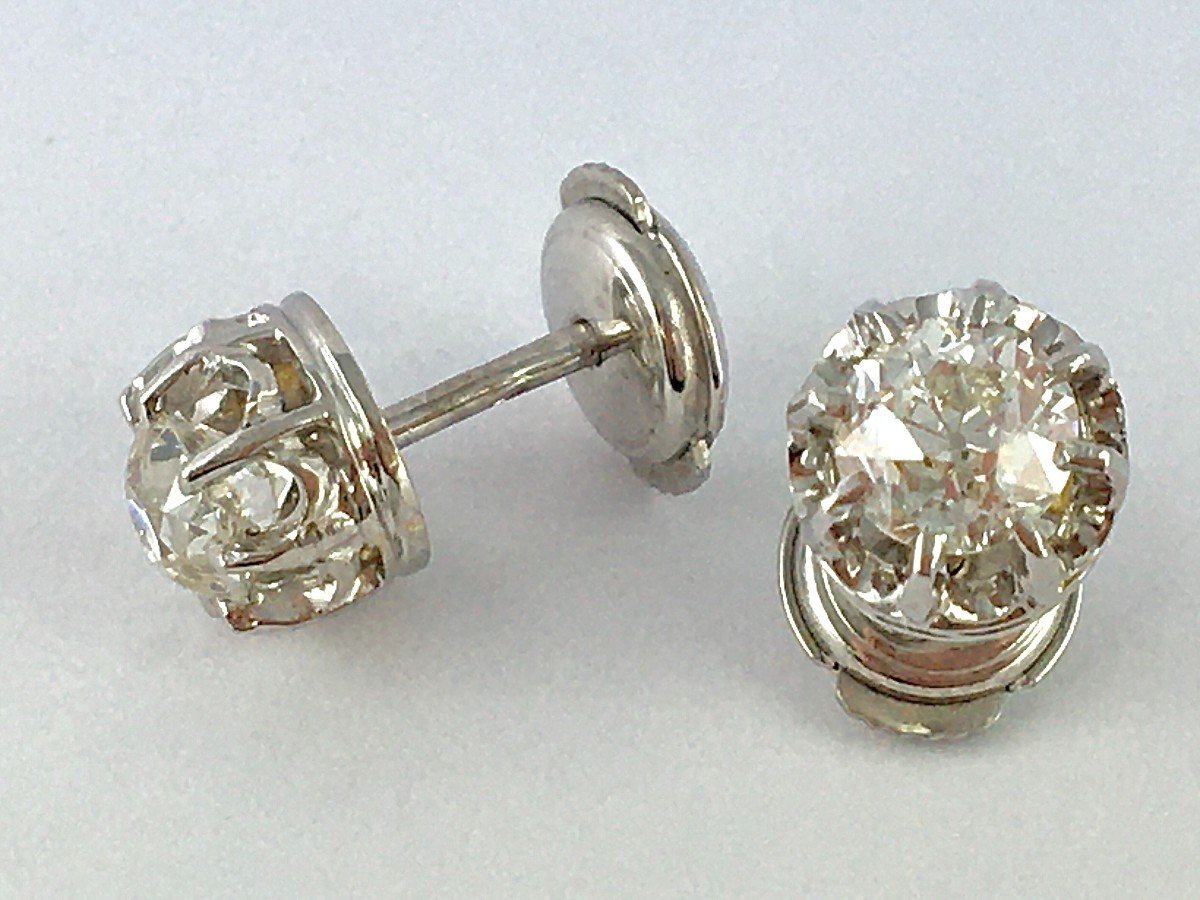 Boucles d'Oreilles Puces / Clous Diamants Taille Ancienne Sur Or Blanc Chatons Soleils-photo-1