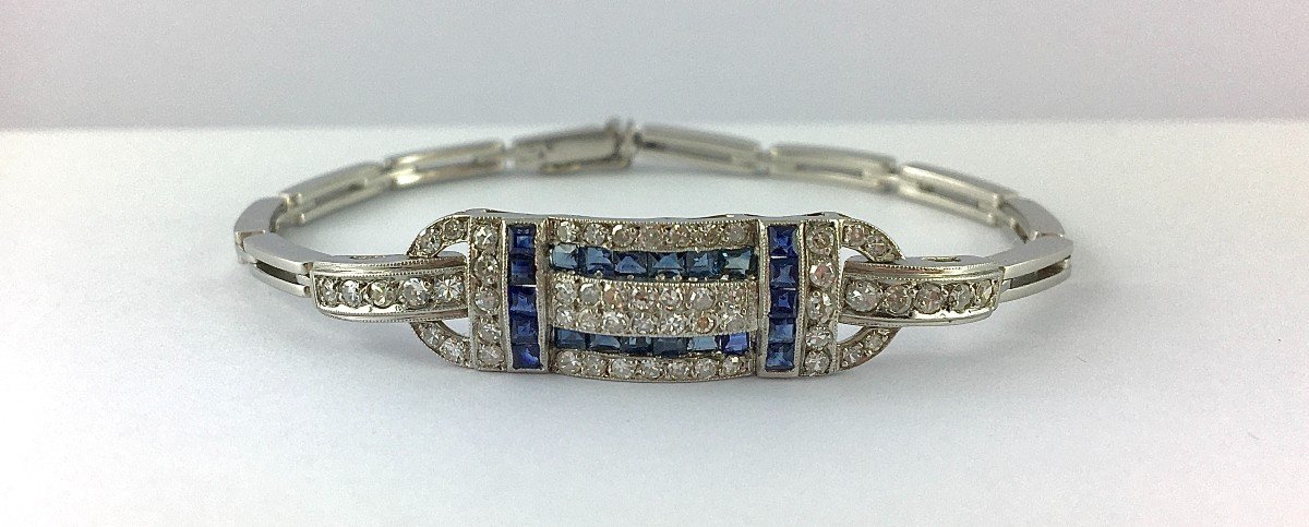 Art Deco Style Bracelet Calibrated Sapphires Diamonds On Platinum And White Gold-photo-2