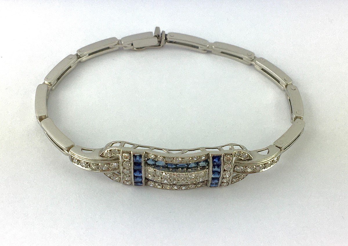 Art Deco Style Bracelet Calibrated Sapphires Diamonds On Platinum And White Gold-photo-3