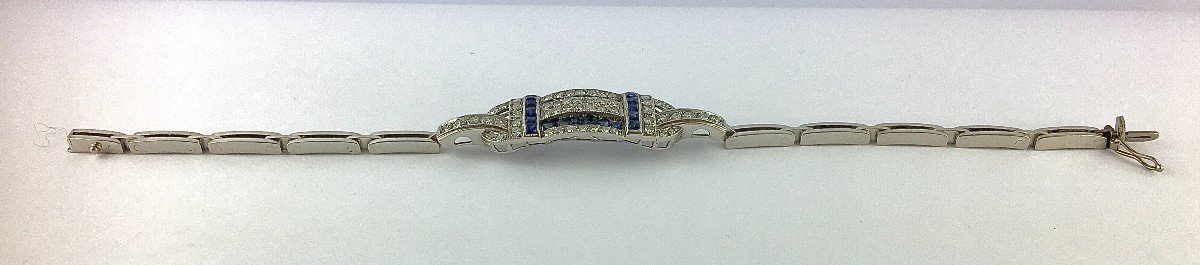 Art Deco Style Bracelet Calibrated Sapphires Diamonds On Platinum And White Gold-photo-4