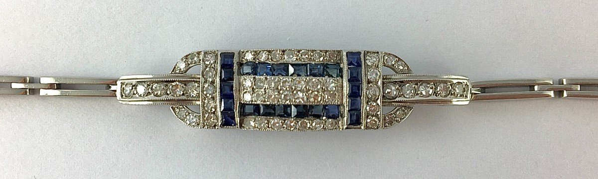 Art Deco Style Bracelet Calibrated Sapphires Diamonds On Platinum And White Gold-photo-1