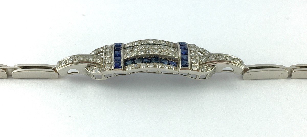 Art Deco Style Bracelet Calibrated Sapphires Diamonds On Platinum And White Gold-photo-2