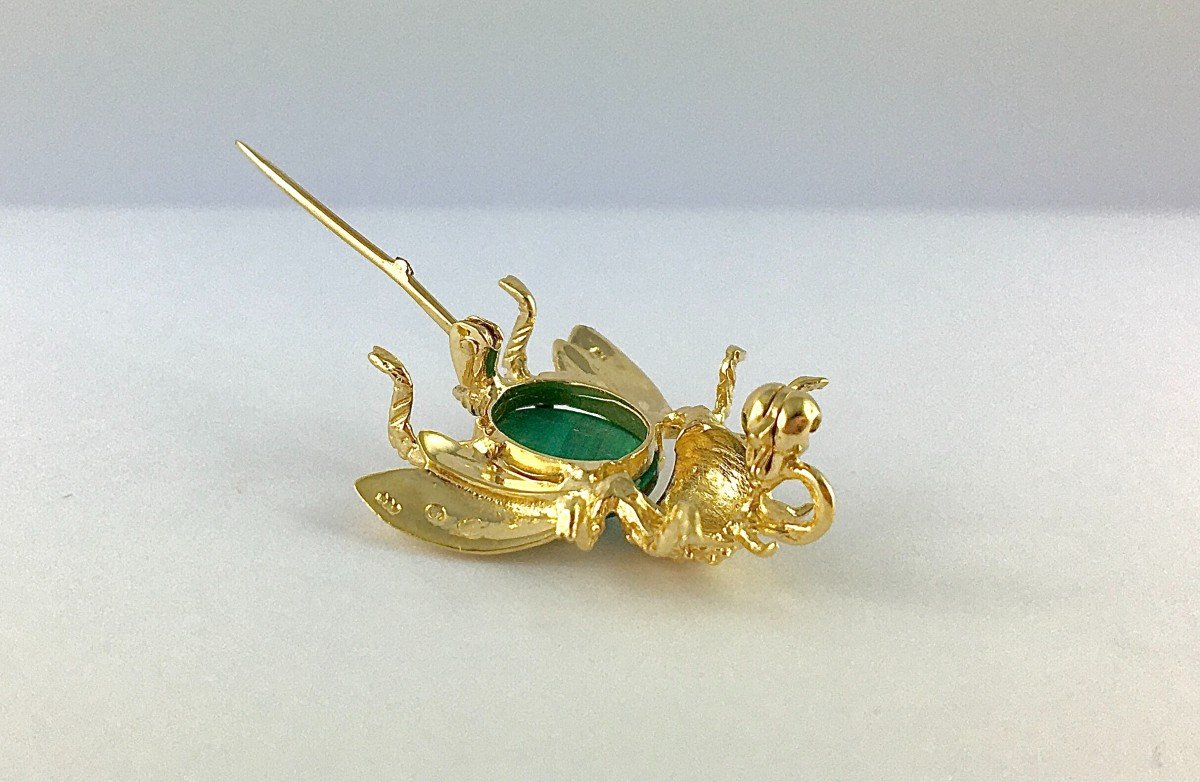 Vintage Malachite Cabochon Insect/fly Animal Brooch Pendant On Yellow Gold -photo-5